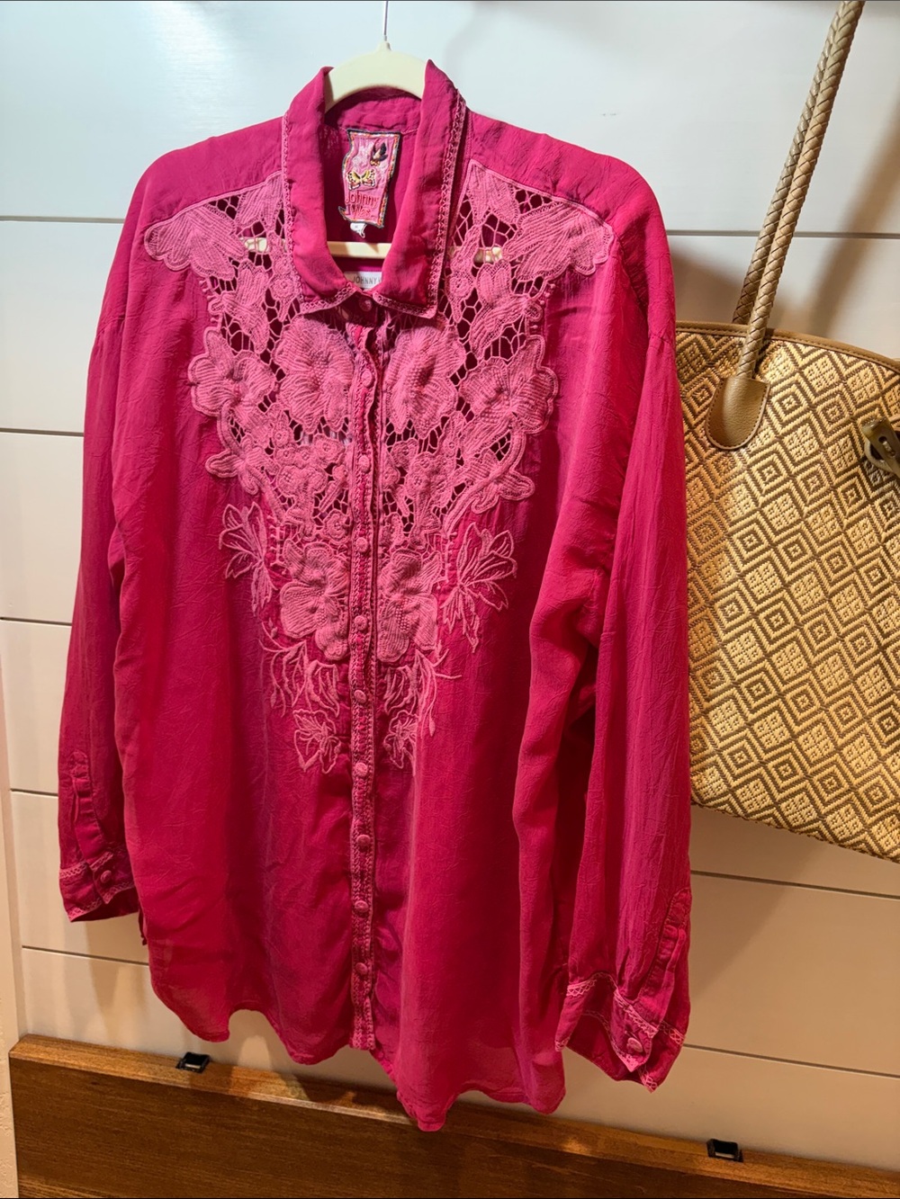 Johnny Was Hot Pink Embroidered Cutouts Button-Down Blouse XL